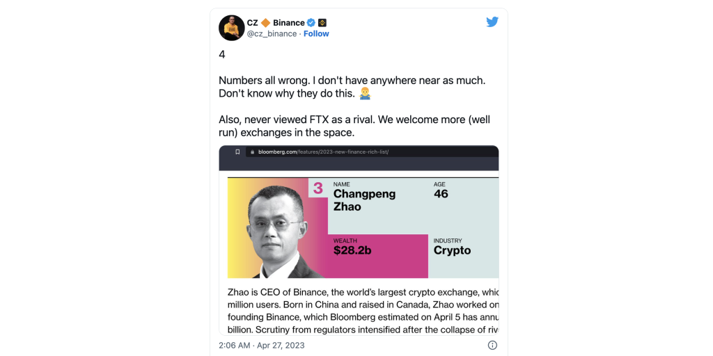 Binance CEO denies B wealth: ‘I don’t have anywhere near as much’