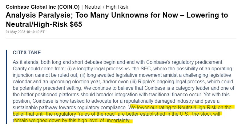 Coinbase stock will be ‘weighed down’ until US rules are clear: Citi