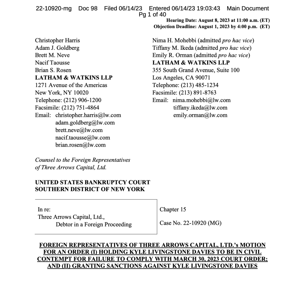 3AC liquidators file motion to hold Kyle Davies in contempt