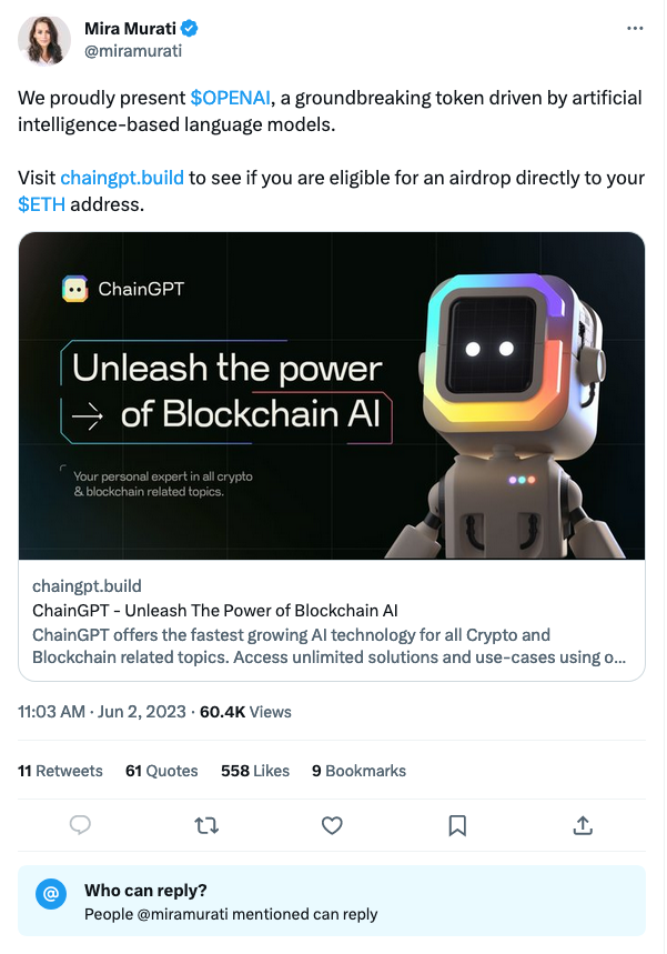 OpenAI CTO’s Twitter hacked, shilling ‘scam’ crypto airdrop