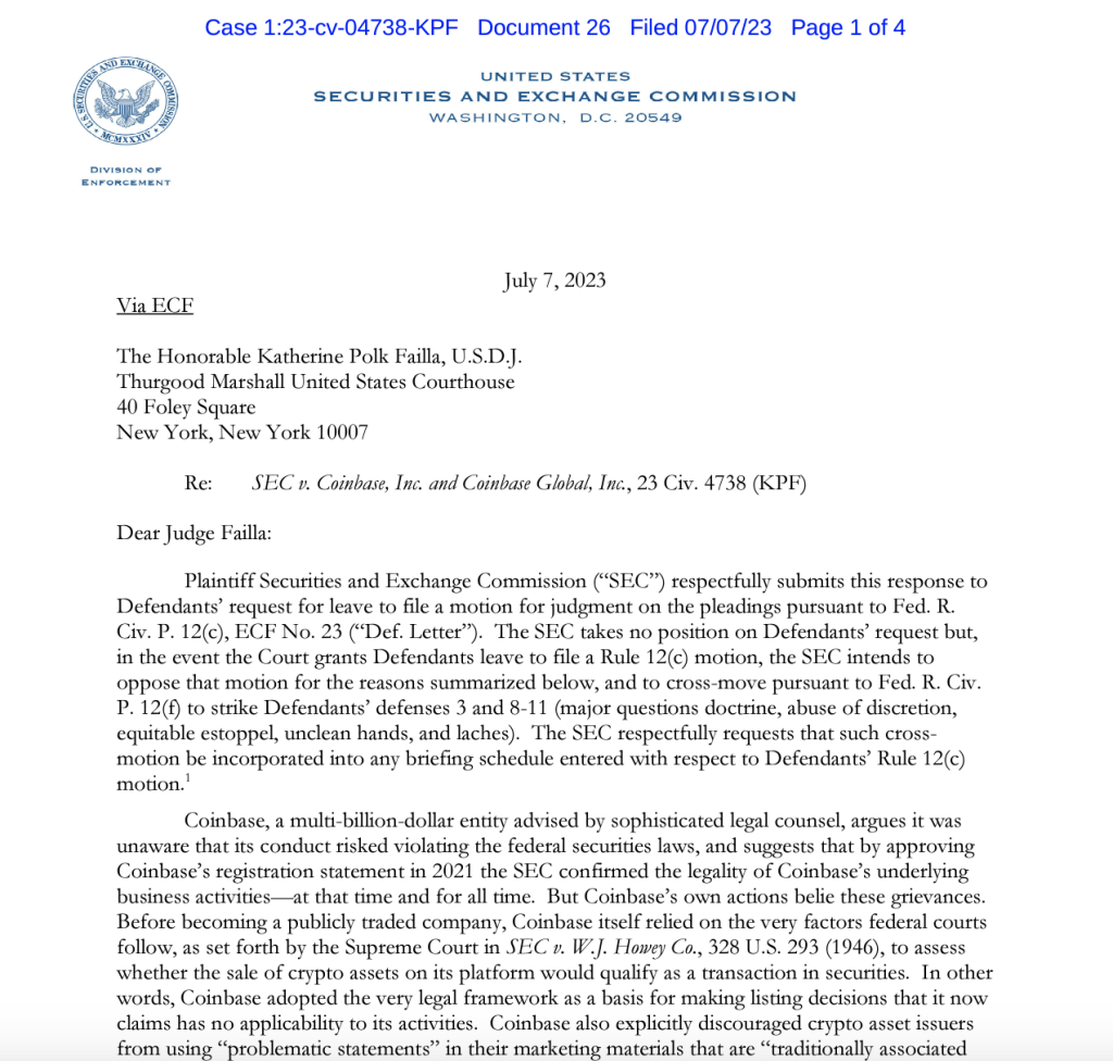 Coinbase was aware of securities law violations, the SEC claims in letter