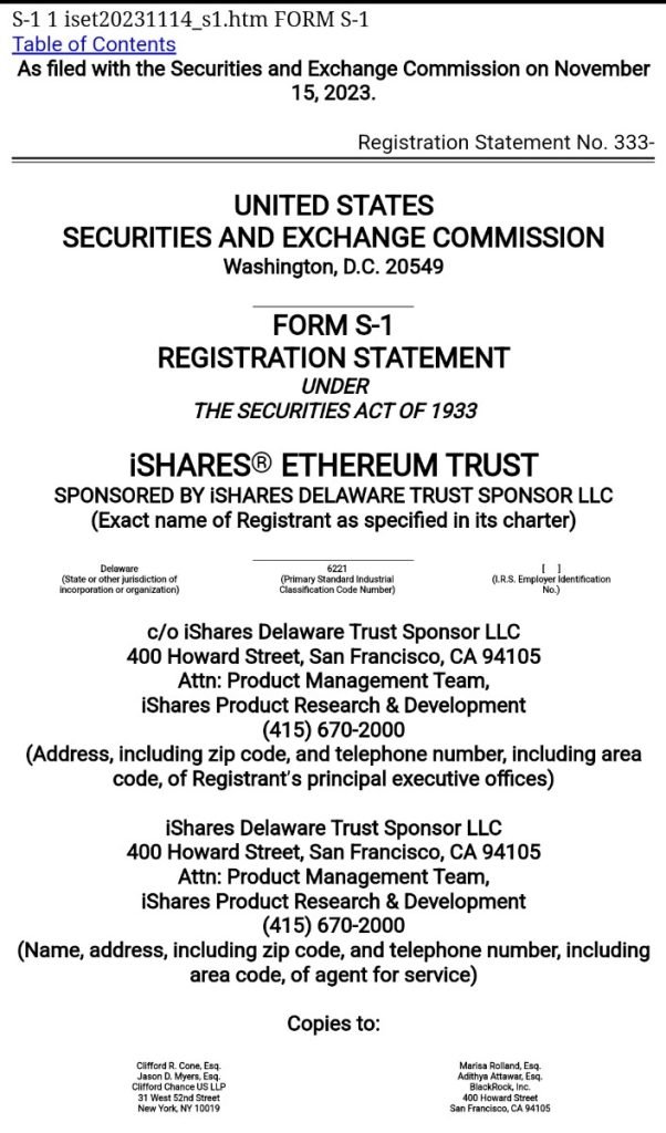 BlackRock files S-1 form for spot Ether ETF with SEC