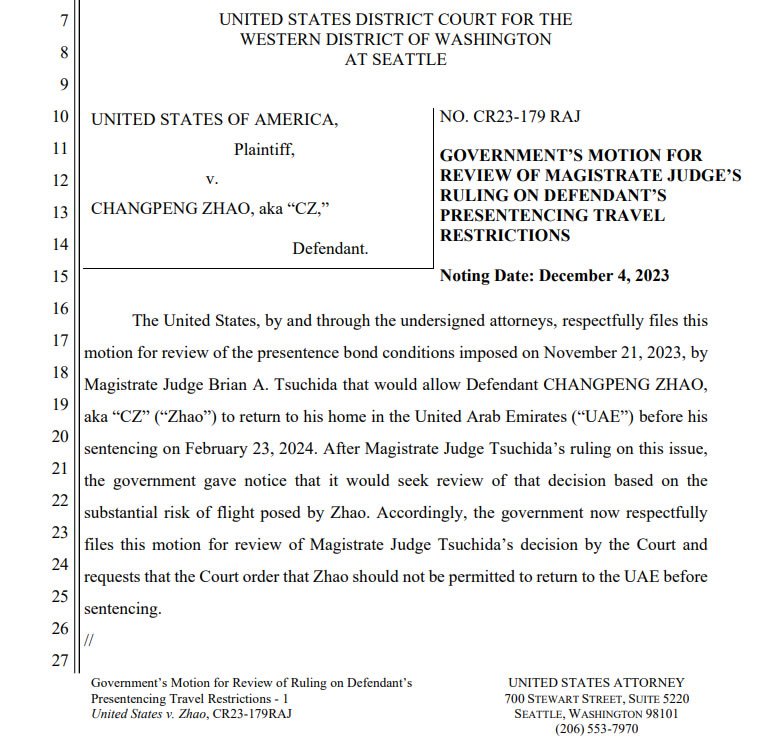 CZ an ‘unacceptable risk of flight,’ should stay in US: DOJ CZ an ‘unacceptable risk of flight,’ should stay in US: DOJ