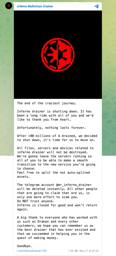 Inferno Drainer says it’s shutting down after helping steal M in crypto