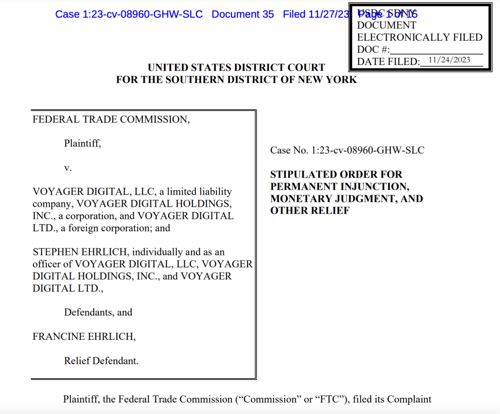 Judge signs off on .65B settlement between Voyager Digital and FTC